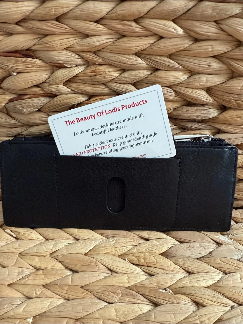 Lodis Black Leather Zip Card Holder with Strap and Silver Buckle